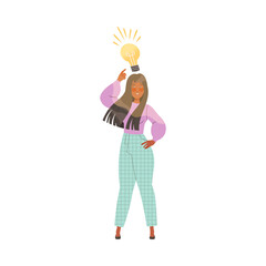 Woman with Light Bulb Above Head as Smart Idea and Solution Vector Illustration