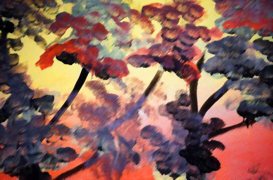 Paint stroke and blotch on gradation yellow to red color background, Abstract effect illustration, Like silhouette tree with sunset sky      