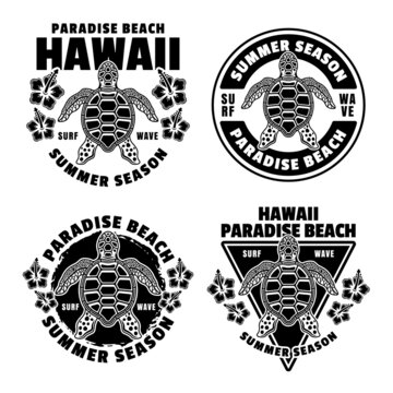 Hawaii paradise beach set of vector emblems, labels, badges or logos in vintage monochrome style with sea turtle top view isolated on white background