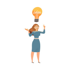 Fototapeta na wymiar Woman with Light Bulb Above Head as Smart Idea and Solution Vector Illustration