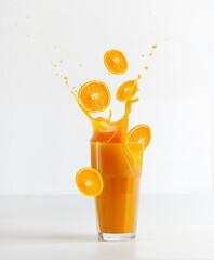Glass with splashing of orange juice and falling orange slices on table at white background. Healthy refreshing drink. Liquid motion. Front view. - obrazy, fototapety, plakaty