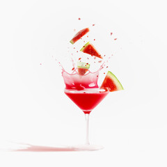 Red splashing drink in martini glass with falling watermelon slices at white background. Delicious...