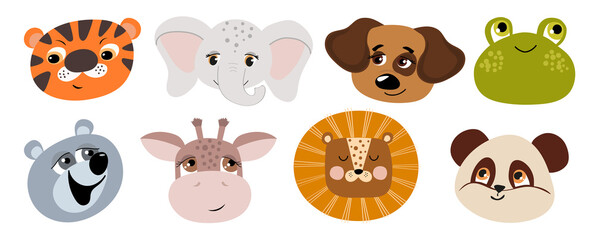 Cute muzzles of animals on a white background. Set of vector illustrations of animals for printing on fabric, postcard, wrapping paper, poster, wallpaper. Decoration of children's room and clothes.