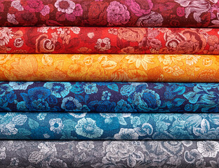 Stack of colorful cotton quilting fabrics as a background image