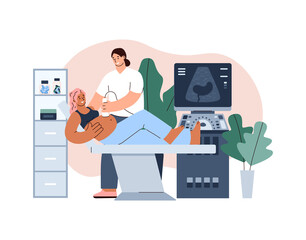 Pregnant happy woman on ultrasound screening, flat vector illustration on white background.