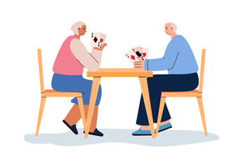Elderly couple playing cards sitting at table flat vector illustration isolated.