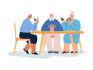 Group of older friends playing cards at wooden table flat style