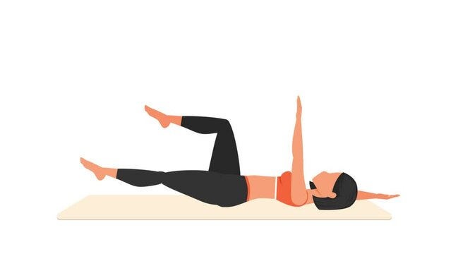 Dead bug exercise. Female workout on mat. Fitness woman exercising. Looped 2D animation with young girl character training. Sport and healthy lifestyle concept.