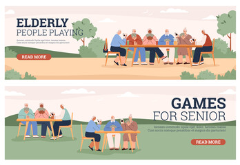 Set of website banners about elderly people playing cards outdoor flat style