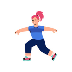 Fototapeta na wymiar Child girl doing sport exercises flat vector illustration isolated on white.