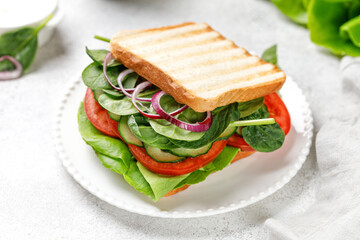 Vegetables sandwich with organic green lettuce, tomatoes and spinach on white plate. Close up