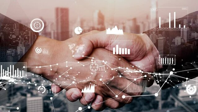 Conceptual business handshake with dashboard for financial data analysis . 3D render computer graphic .