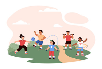 Obraz na płótnie Canvas Girls and boys do sports outdoors, in clearing, vector flat illustration on white background.