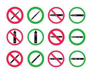 No vaping and vaping area signs. Red forbidden and green allowed circles signs icon set isolated on white background vector illustration. Vape and smoke prohibition and green access circles set.