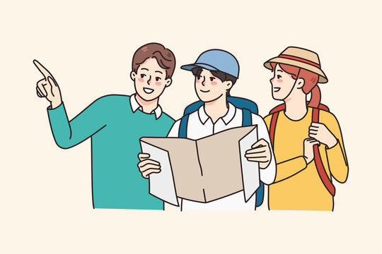 Local man help travelers couple find way. Male show tourists right way or direction. Journey and adventure problem. Travel and tourism. Vector illustration. 