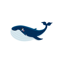 Cheerful blue whale, marine mammal and ocean inhabitant, flat vector illustration isolated on white background.