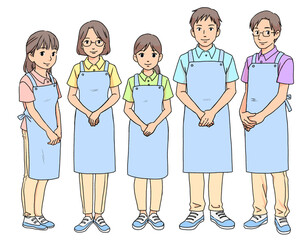 エプロンを付けた、違う色の制服の男女介護士のイラスト