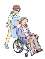 車いすを押す女性看護師とシニア女性のイラスト
