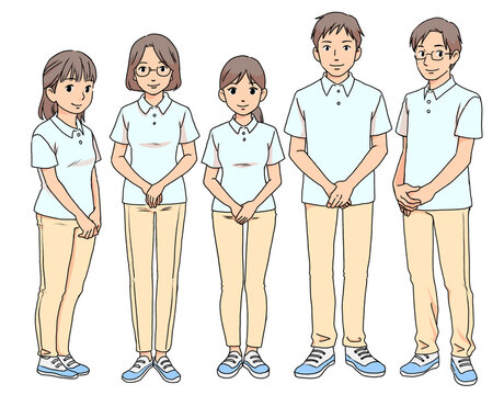 同じカラーのポロシャツとズボンを着た男女のイラスト