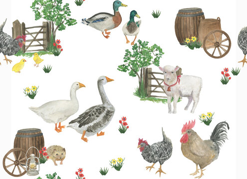 Summer farming seamless pattern, painting with watercolor