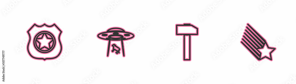 Wall mural Set line Police badge, Hammer, UFO abducts cow and Falling star icon. Vector