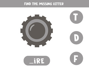 Find missing letter with wheel tire. Spelling worksheet.