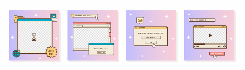 Set of vaporwave retro futuristic lofi post templates for social media. 80s 90s aesthetic square backgrounds with old computer user interface, dialog window and nostalgic elements. Vector illustration - obrazy, fototapety, plakaty