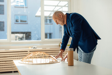 Architect looking at leaf shape wooden model in office