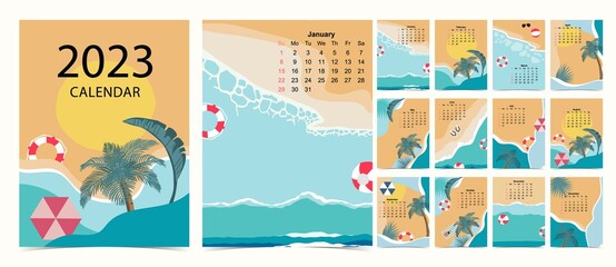 2023 table calendar week start on Sunday with beach and sea that use for vertical digital and printable A4 A5 size 