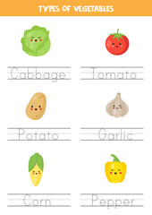 Tracing names of cute vegetables. Writing practice.