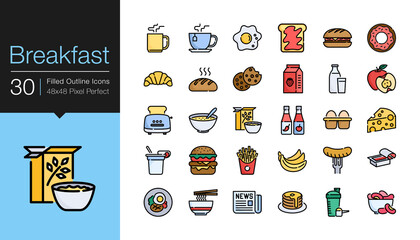 Breakfast icons. Filled outline design. Editable Stroke.