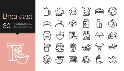 Breakfast icons. Modern line design. Editable Stroke.