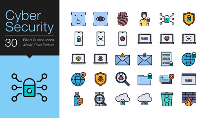 Cyber security icons. Filled outline design. Vector illustration.