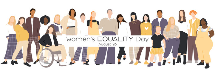 Fototapeta premium Women's Equality Day. Women of different ethnicities stand side by side together. Flat vector illustration.
