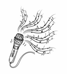 Karaoke music icon in doodle style. Vintage microphone with notes vector cartoon illustration on white isolated background. Monochrome illustration. Audio equipment concept with bright rainbow melody