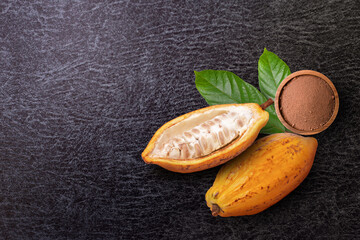 Cocoa powder in wooden bowl and fresh yellow cocoa fruit with cut in half sliced and green leaf isolated on white background. Top view. Flat lay.