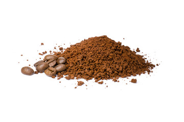 Pile of coffee grind (ground coffee) with coffee beans isolated on white background. - obrazy, fototapety, plakaty