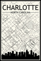 Light printout city poster with panoramic skyline and hand-drawn streets network on vintage beige background of the downtown CHARLOTTE, NORTH CAROLINA