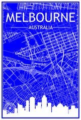 Technical drawing printout city poster with panoramic skyline and hand-drawn streets network on blue background of the downtown MELBOURNE, AUSTRALIA
