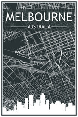 Dark printout city poster with panoramic skyline and hand-drawn streets network on dark gray background of the downtown MELBOURNE, AUSTRALIA