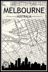 Light printout city poster with panoramic skyline and hand-drawn streets network on vintage beige background of the downtown MELBOURNE, AUSTRALIA