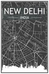 Dark printout city poster with panoramic skyline and hand-drawn streets network on dark gray background of the downtown NEW DELHI, INDIA