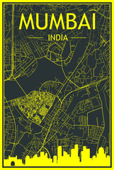 Yellow printout city poster with panoramic skyline and hand-drawn streets network on dark gray background of the downtown MUMBAI, INDIA