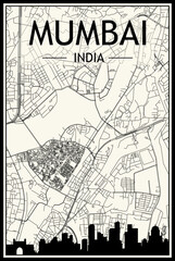 Light printout city poster with panoramic skyline and hand-drawn streets network on vintage beige background of the downtown MUMBAI, INDIA