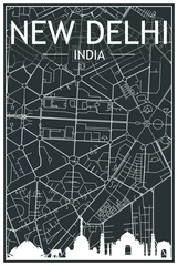 Dark printout city poster with panoramic skyline and hand-drawn streets network on dark gray background of the downtown NEW DELHI, INDIA