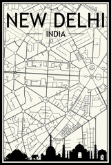 Light printout city poster with panoramic skyline and hand-drawn streets network on vintage beige background of the downtown NEW DELHI, INDIA