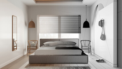 Architect interior designer concept: hand-drawn draft unfinished project that becomes real, bedroom, master bed with pillows and blanket, pendant lamps. Parquet, carpet and window