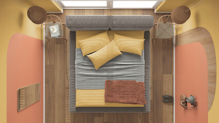 Modern wooden bedroom in orange tones, master velvet bed with pillows and blanket, pendant lamps, chairs. Parquet, carpet, window with blinds. Top view, plan, above, interior design
