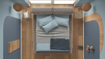 Modern wooden bedroom in blue tones, master velvet bed with pillows and blanket, pendant lamps, chairs. Parquet, carpet, window with blinds. Top view, plan, above, interior design