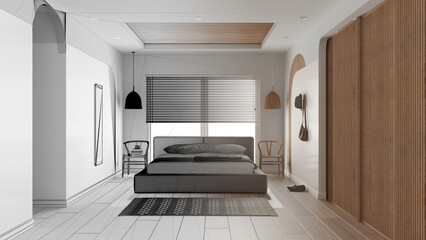 Architect interior designer concept: hand-drawn draft unfinished project that becomes real, bedroom, master bed with pillows and blanket, pendant lamps. Parquet, sliding door